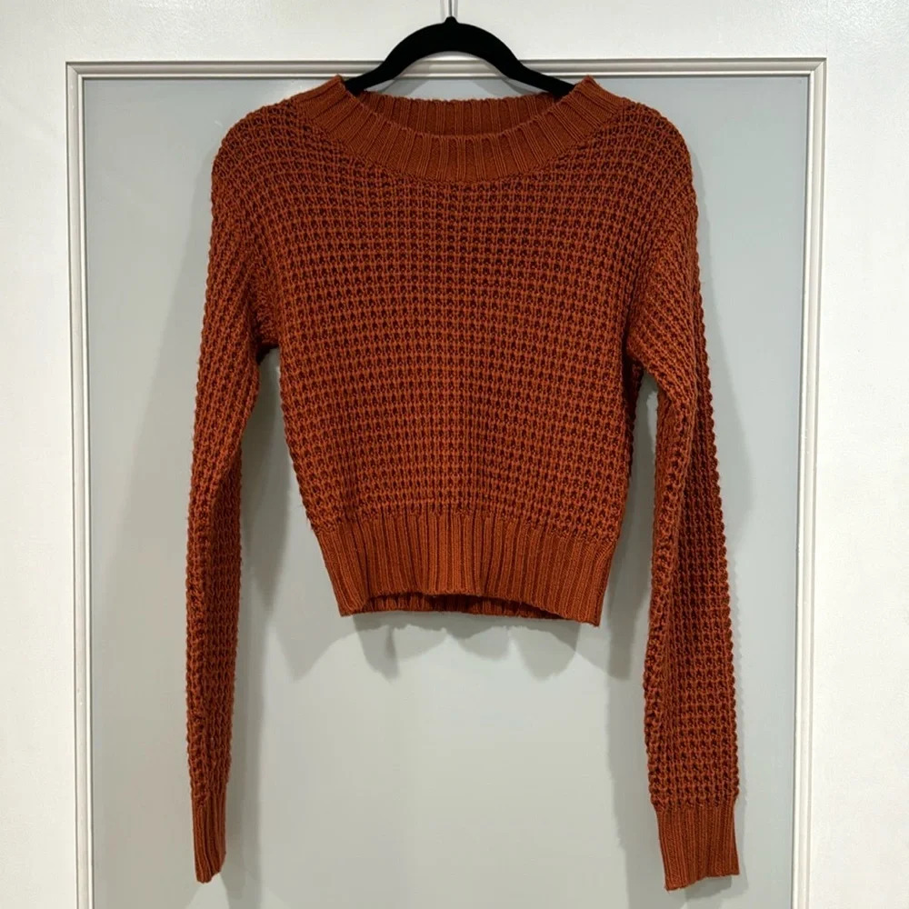 Lulus Women's Rust Orange Cable Knit Crop Crew Neck Sweater Sz Small